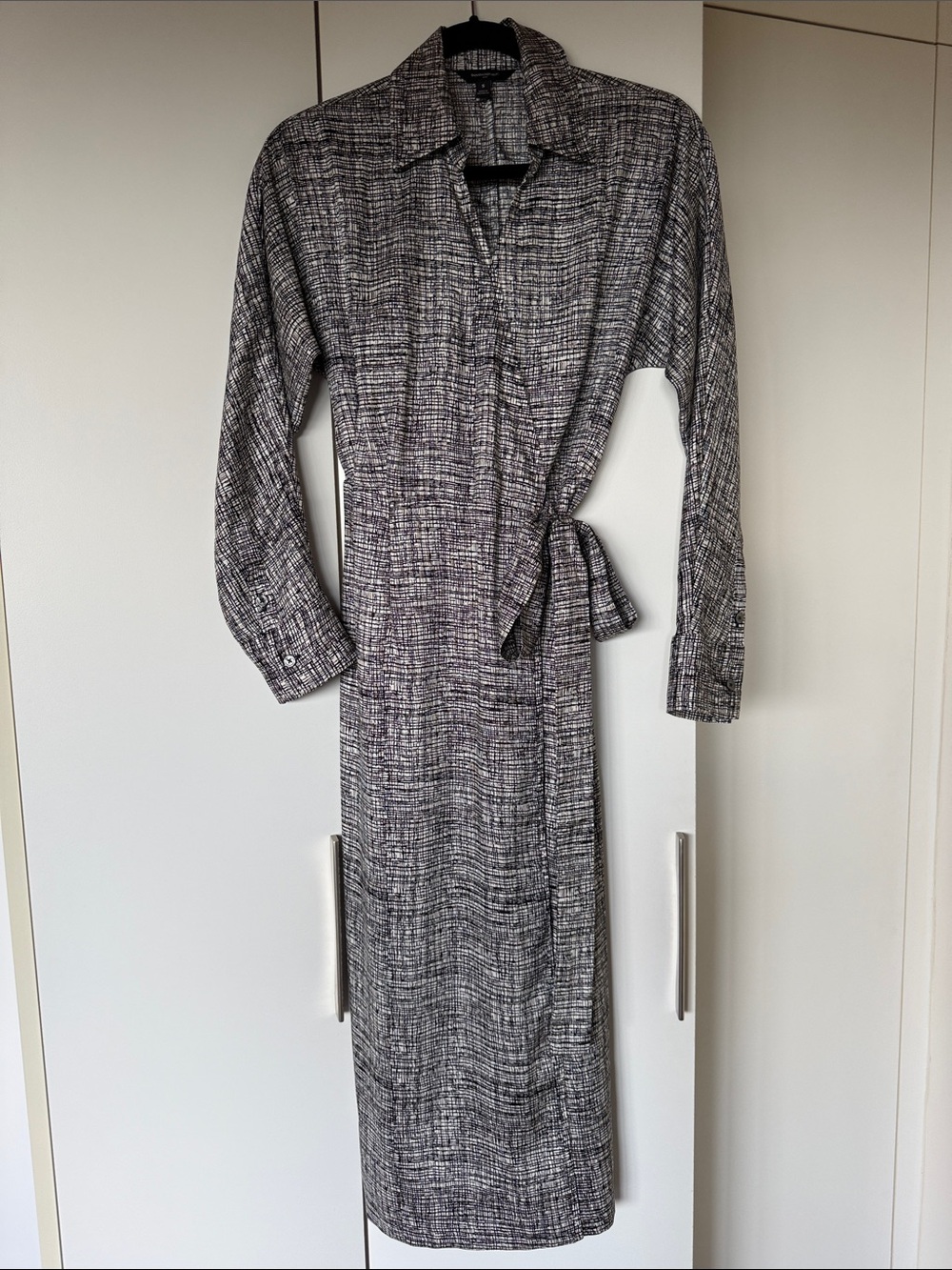 Black, White, and Tan Wrap Shirt Dress